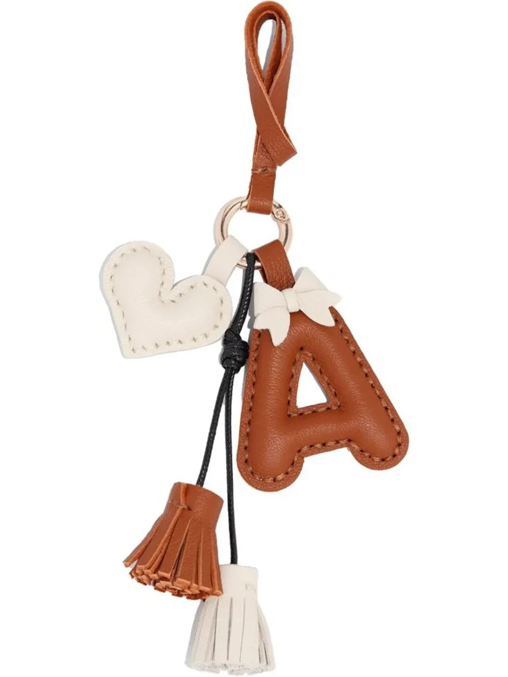 Handmade Brown Leather Initial Keychain - Cute Alphabet Bag Charm & Purse